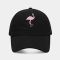 Close-up of pink flamingo embroidery on black cotton baseball cap with fine stitching - Adjustable / Black