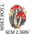 Detail showing red and white mushroom embroidery patches with gold stars and measurements - Mushroom Star