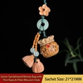 Green sandalwood money bag pendant with Zhao Cai engraving and green beads detail - Approx. 2.1x2.1cm / Green Sandalwood Money Bag Thin Rope Plum Style - No Aroma Pill