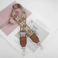 Adjustable bohemian geometric pattern wide canvas shoulder strap with brown leather and gold clips - Beige Brown with Brown Leather