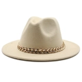 Elegant beige fedora hat with a wide brim and decorative gold chain accessory for women - Beige
