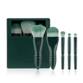 Detail view of 5 travel makeup brushes with green gradient bristles in a compact mirror case - 5Pcs Window Mirror Case / Dark Green