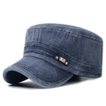 Navy blue washed cotton flat top army cap with vintage distressed denim texture - Adjustable / Navy Blue