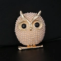Fashionable golden owl brooch with white faux pearls and black gemstone eyes - Golden Pearl Owl