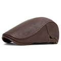 Dark brown leather flat cap with lychee texture and adjustable side metal buckle - Coffee