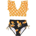 Dettaglio bikini da bambina con top giallo a pois e slip con stampa di limoni - 152 / Pois Arancioni