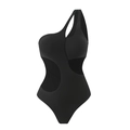 Detailed macro shot of the black ribbed fabric texture and waist cut-outs on this swimsuit - S / Black