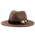 Detail of brown straw fedora featuring a black ribbon band with pearls and metal studs - M (56-58cm) / Brown