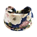 Elastisches breites Stirnband für Yoga mit dunkelblauem Stoff und rosa Blumendruck - Navy Rosa Blume Grüne Blätter(#51)