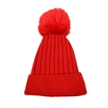 Bright red kids winter knitted hat with a fluffy pom-pom and ribbed texture - Red