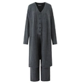 Three-piece dark grey knit set with long cardigan, v-neck vest and wide-leg trousers - One Size / Gray