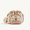Pink and beige crossbody bucket bag with bear embroidery and drawstring closure - Apricot