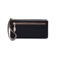 Detail of black lychee grain wallet with double gold leaf zippers and grey strap - Leaf Pull Style / Black