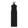 Schickes schwarzes Neckholder-Maxikleid mit langen Fransen am Saum und elastischer Passform - S / Schwarz