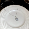 Vue macro d'un collier pendentif ovale en zircon bleu clair sur une assiette en porcelaine blanche - Pendentif Tournesol Ovale Avec Zircon Bleu / Argenté