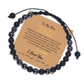 Close-up of adjustable beaded Morse code bracelet with black matte stones on gift card - To My Man