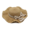 Cappello da sole in paglia kaki da donna con tesa larga ondulata e fiocco a scacchi per mare - M (56-58cm) / Cachi