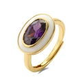 Anillo ajustable de oro con gema ovalada púrpura y esmalte blanco para mujer - Blanco & Púrpura
