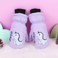 Waterproof purple winter mittens for kids featuring a cute dinosaur cartoon pattern - One Size / Purple Dinosaur / 3-6 Years