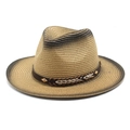 Unisex ψάθινο καπέλο fedora με ντεγκραντέ φινίρισμα και δερμάτινη ζώνη με τρούκς - M (56-58cm) / Χακί & Μαύρο