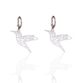 Polished stainless steel hummingbird drop earrings with intricate cutout design details - Hummingbird Earrings / Silver