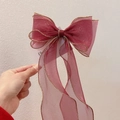 Elegant wine red organza hair bow clip with long ribbons and gold stitched edges - Wine Red With Gold Edge