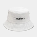 Close-up of white cotton bucket hat featuring black Traveller's embroidery and metal eyelets - M (56-58cm) / White