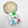 Three-piece plumeria flower hair clips set in green, pink, and blue resin colors - Mixed Color Set #23 (includes Cards)