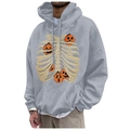 Men's grey fleece hoodie with Halloween skull rib cage and orange pumpkin prints - S / Top (50) / Gray