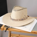 Bohemian beige straw sun hat with colorful beads and adjustable chin strap - Adult (55-60cm) / Milky White