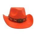 Hellorangener Western-Cowboyhut mit braunem Lederband und metallischem Longhorn-Stierkopf - Einheitsgröße / Orange