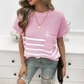 Chic women's pink short sleeve knit sweater with white stripes and chest pocket detail - S / Pink