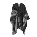 Elegant black and grey striped knit shawl poncho with belt and geometric patterns - Cross Plaid-Black