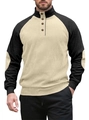 Détail du sweat-shirt en velours côtelé bicolore kaki et noir avec col henley à boutons - S / Khaki/Noir