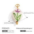 White oval stainless steel charm with purple floral design and golden finish - Hand-Painted Purple Flower Oval Pendant (PJ92423)