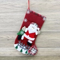 Mini Christmas stocking with 3D Santa Claus applique and plaid trim on wooden background - Burlap Fence Large Stocking (Santa)