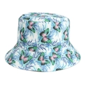 Close-up of the butterfly and botanical print detail on the white sun hat fabric - M (56-58cm) / Cyan