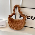Brown velvet ruched cloud bag with quilted finish and pleated shoulder strap - Caramel color