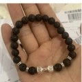 Black lava stone beaded bracelet with silver dumbbell charm and LIVE engraving - Lava Dumbbell Silver