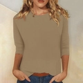 Camiseta de mujer minimalista caqui con cuello redondo y mangas 3/4 ajuste ceñido - Caqui