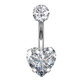 Polished stainless steel belly ring with heart-shaped sparkling zircon stones - Heart-JE0048