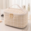 Elegant white and gold tweed cosmetic bag with large capacity and portable top handle - Off-white