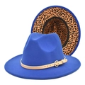 Royal blue fedora hat with leopard print brim and leather buckle band for autumn fashion - M(56-58cm) / Sapphire Blue
