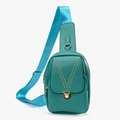 Green leather sling bag for women with gold rivet V-pattern and blue wide nylon strap - Blue