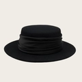 Classic black wide brim flat top boater hat with a pleated satin ribbon decoration - M / Black + Black Ribbon (Winter Wool Hat)