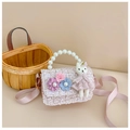 Pink tweed girls' handbag with pearl handle, 3D floral accents and a plush bunny charm - Rabbit Light Pink