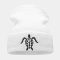 Close-up of detailed turtle embroidery on white knit beanie with soft acrylic texture - White