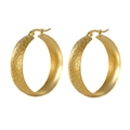 Detail view of large gold hoop earrings with unique hammered texture and hinge clasp - 18K Gold / Large Style / Gold