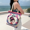Japanese style canvas tote bag featuring colorful cartoon girl print in beige - Dragon Girl