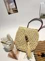 Beige woven bucket bag with brown straps, drawstring closure and decorative wooden beads - Beige With Pendant